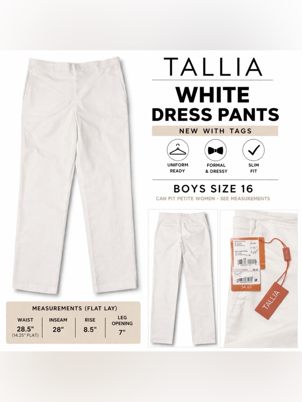 Tallia Boys White Dress Pants Sz 16 Uniform Formal‎ Slim Fit NWOT Clean Classic